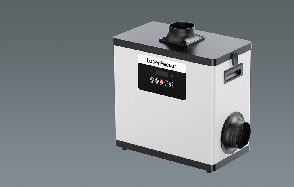 3D απεικόνιση της συσκευής LaserPecker με ορατές εισόδους αέρα και πίνακα ελέγχου σε γκρι φόντο