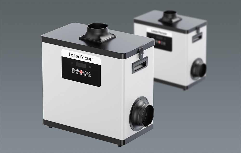 Δύο μοντέλα της συσκευής LaserPecker με μαύρο πίνακα ελέγχου και ορατές εισόδους αέρα