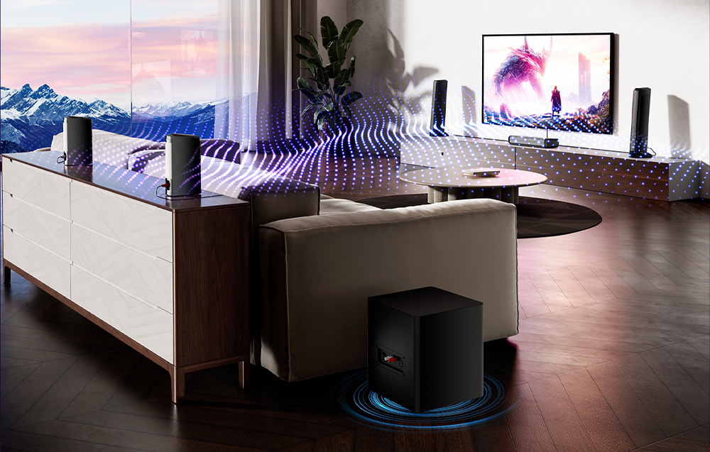 Σαλόνι με σύστημα home theater, τηλεόραση και επισημασμένο ήχο surround.