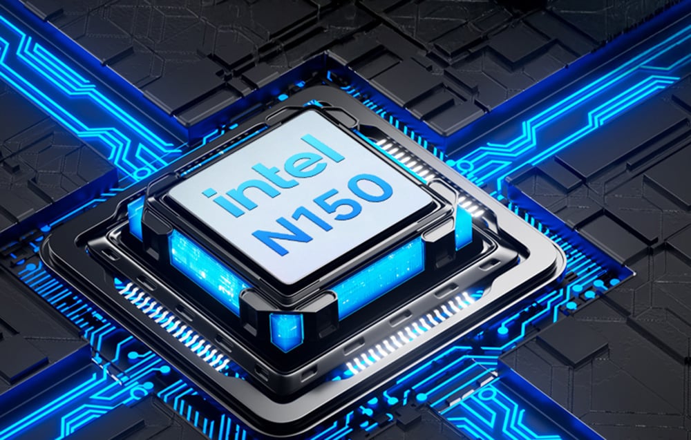 Κοντινό πλάνο του επεξεργαστή Intel N150 τοποθετημένου σε μια μητρική πλακέτα με φωτιζόμενες διαδρομές.