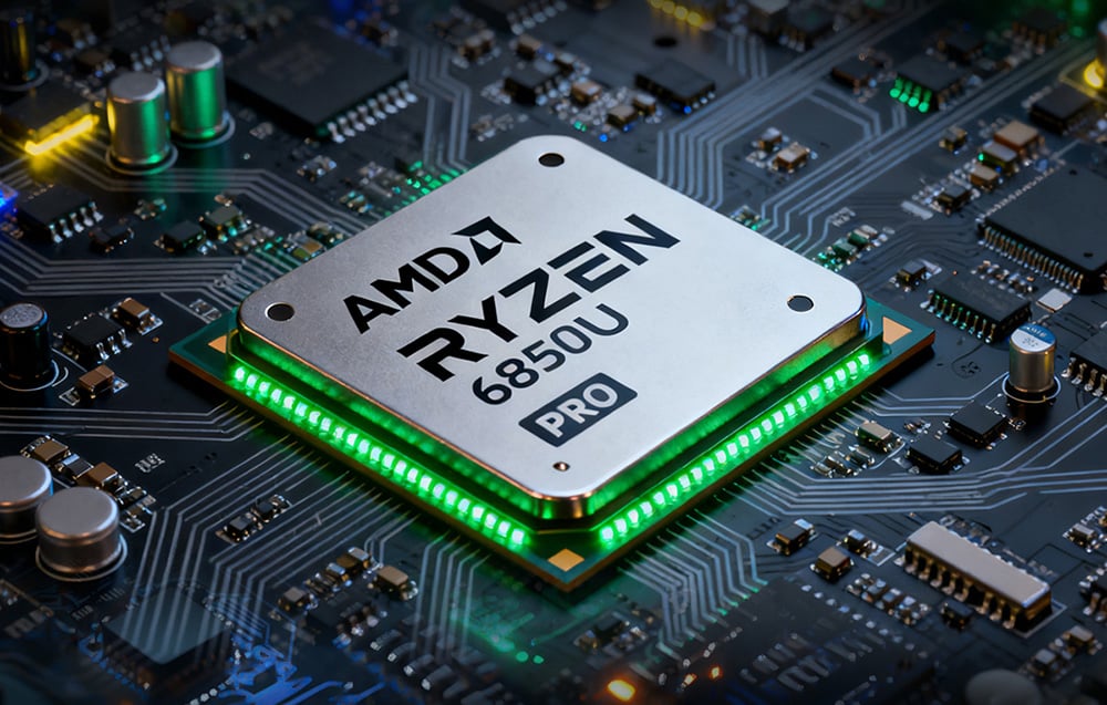 Επεξεργαστής AMD Ryzen 7 6850U PRO τοποθετημένος σε υποδοχή στη μητρική πλακέτα με εντυπωσιακό πράσινο οπίσθιο φωτισμό.