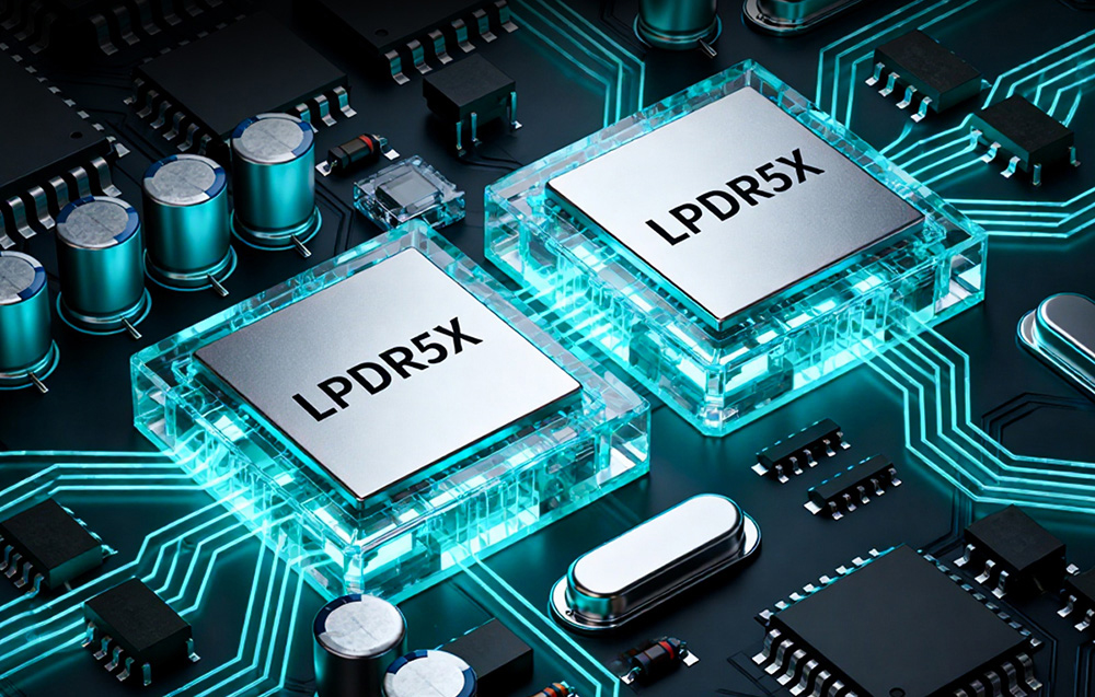 Κοντινό πλάνο δύο τσιπ μνήμης RAM LPDDR5X σε μια μαύρη μητρική πλακέτα, φωτισμένα με μπλε χρώμα με ορατές διαδρομές σήματος.