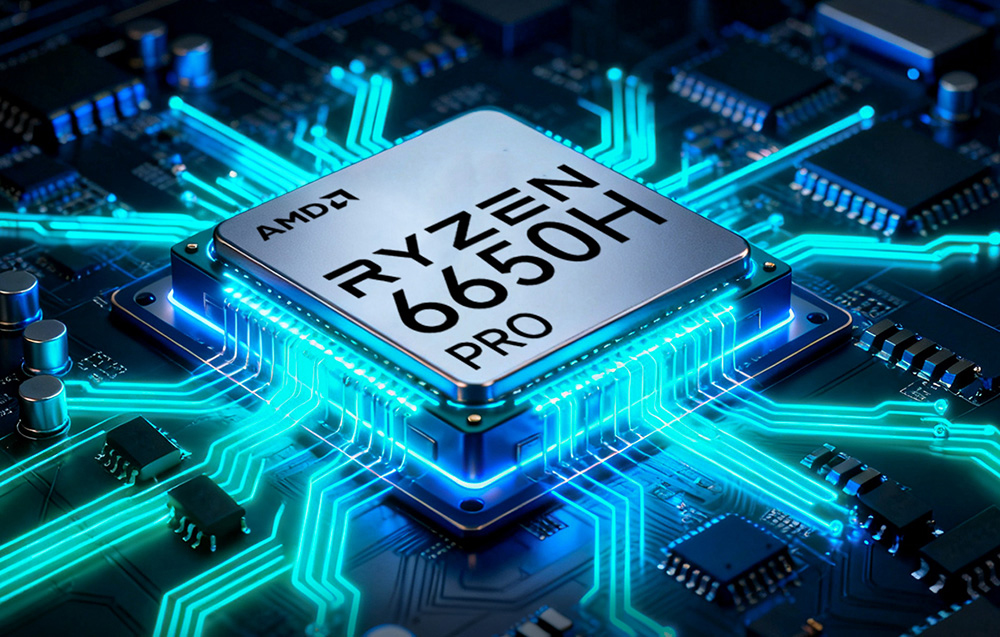 Κάτοψη του επεξεργαστή AMD Ryzen 6650H PRO τοποθετημένου σε υποδοχή, περιτριγυρισμένου από λαμπερές μπλε γραμμές δεδομένων.