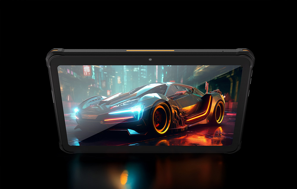 Tablet που εμφανίζει ένα φουτουριστικό αυτοκίνητο σε πορτοκαλί χρώματα