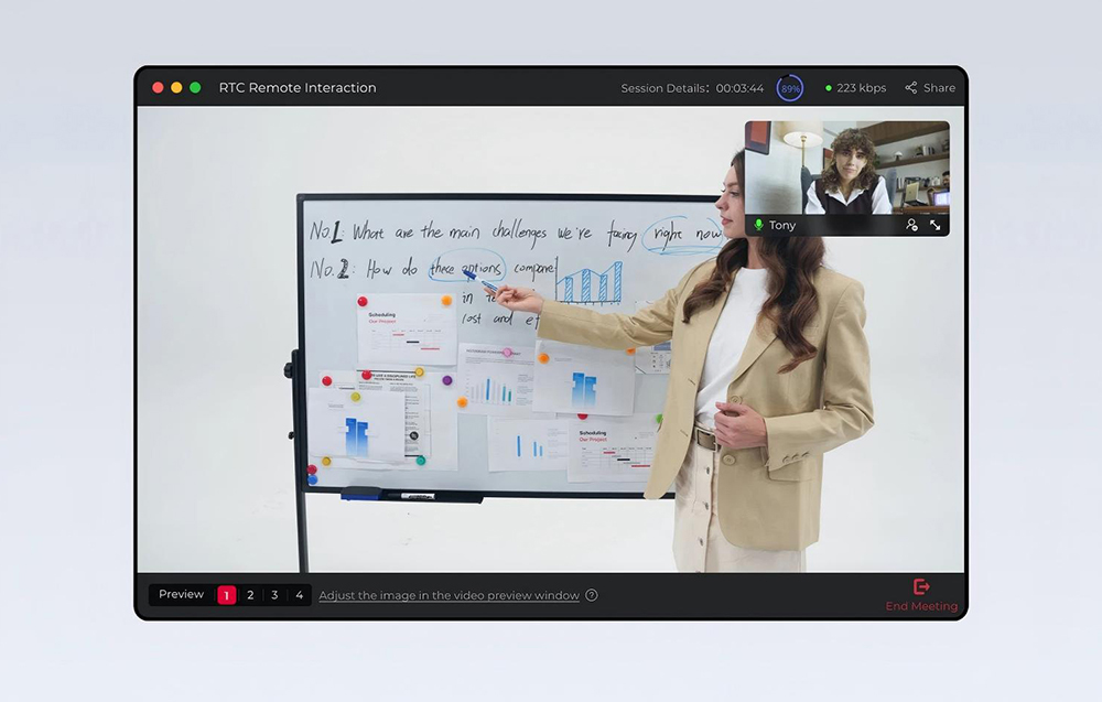 Η οθόνη της διεπαφής τηλεδιάσκεψης RTC Remote Interaction δείχνει μια γυναίκα που κάνει παρουσίαση σε έναν πίνακα με διαγράμματα, με το παράθυρο συμμετοχής του Tony στην επάνω δεξιά γωνία