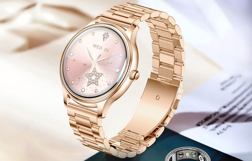 Ένα κομψό ροζ χρυσό smartwatch με βραχιόλι και καντράν με μοτίβο αστεριών.