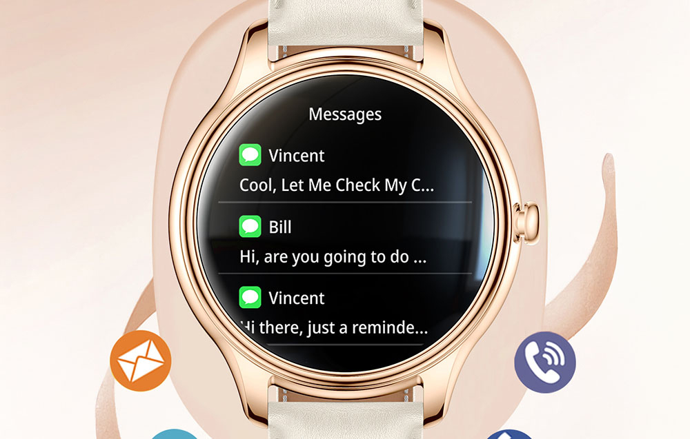 Οθόνη ενός χρυσού COLMI smartwatch που εμφανίζει μια λίστα ειδοποιήσεων για μηνύματα από τους επαφές Vincent και Bill.