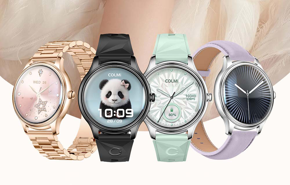 Σετ τεσσάρων μοντέλων smartwatch COLMI: χρυσό με βραχιόλι, μαύρο με γραφικά panda, μιντ με γεωμετρικό λουράκι και ασημί με μοβ λουράκι.