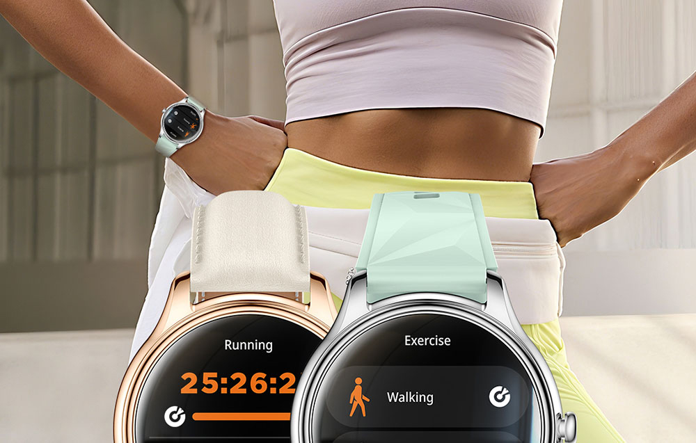 Κοντινό πλάνο δύο smartwatches (χρυσό και ασημένιο) που εμφανίζουν αθλητικές λειτουργίες: τρέξιμο και περπάτημα, με φόντο μια γυναίκα που γυμνάζεται.