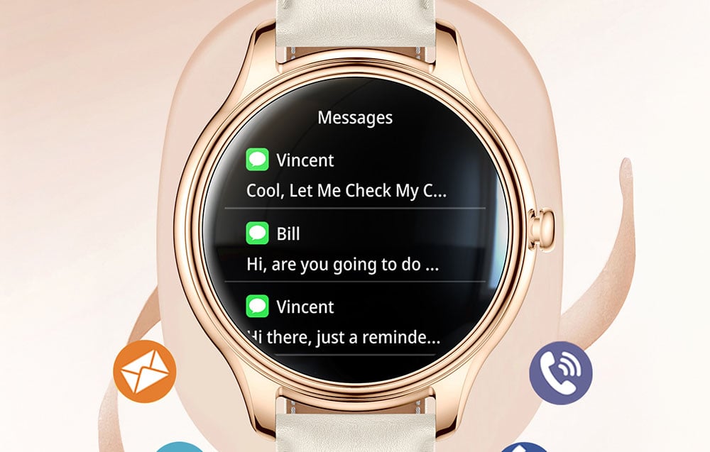 Οθόνη ενός χρυσού smartwatch COLMI που εμφανίζει μια λίστα ειδοποιήσεων για μηνύματα από τους επαφές Vincent και Bill.