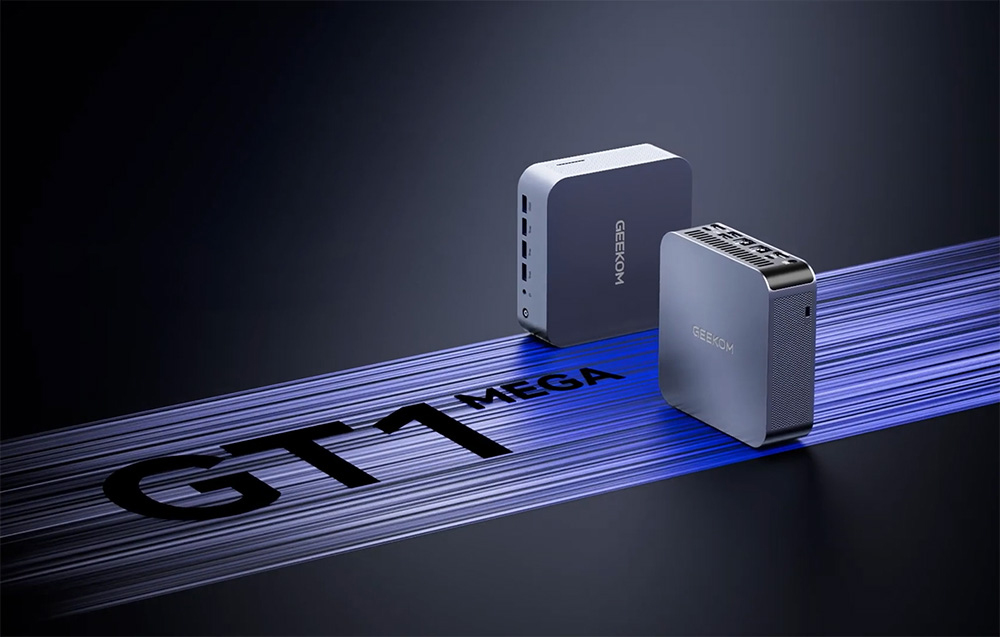 2 γκρι Geekom MINI PC σε γκρι-μοβ φόντο με την επιγραφή GT1 MEGA
