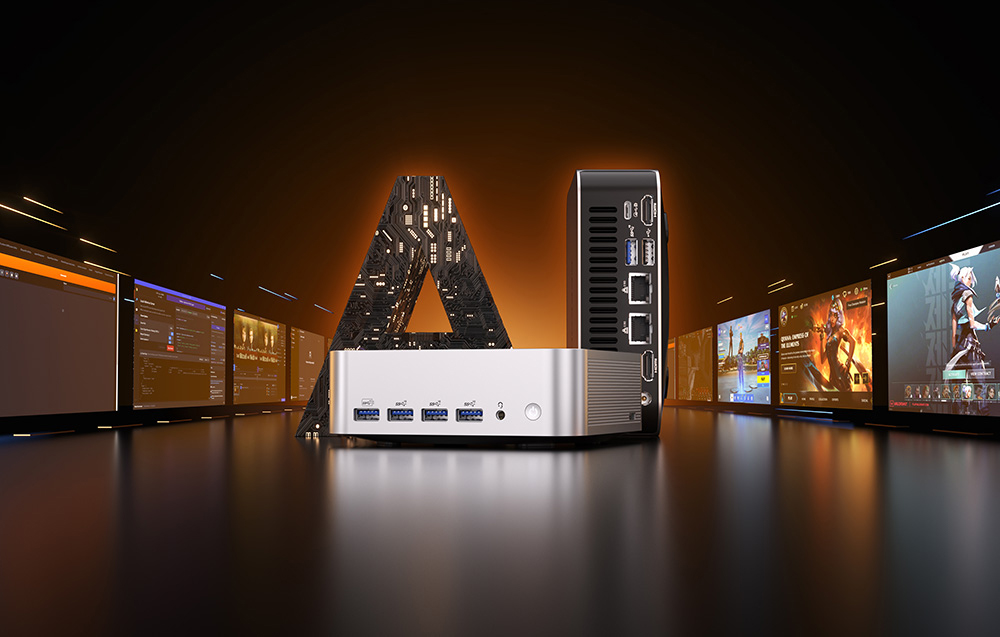 2 MINI PC σε μαύρο τραπέζι, οθόνες στα πλάγια, επιγραφή AI στο πίσω μέρος