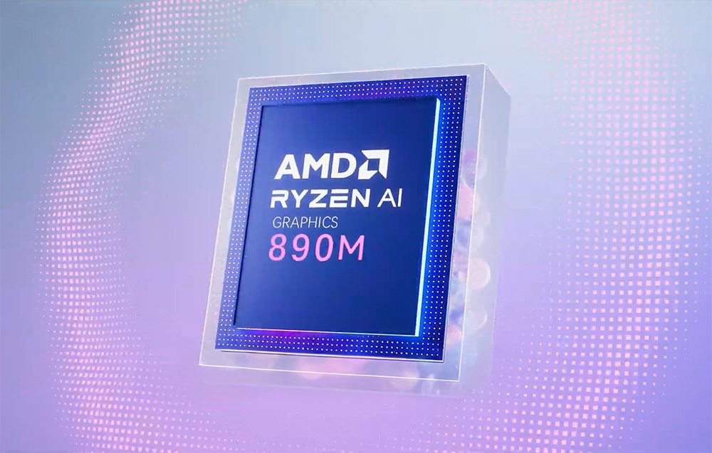 Κοντινό πλάνο του γραφικού chip AMD RYZEN AI Graphics 890M σε ροζ και μπλε φόντο