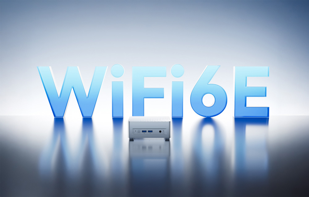 Λευκός μίνι υπολογιστής και μπλε γράμματα WiFi6E σε φόντο με διαβάθμιση