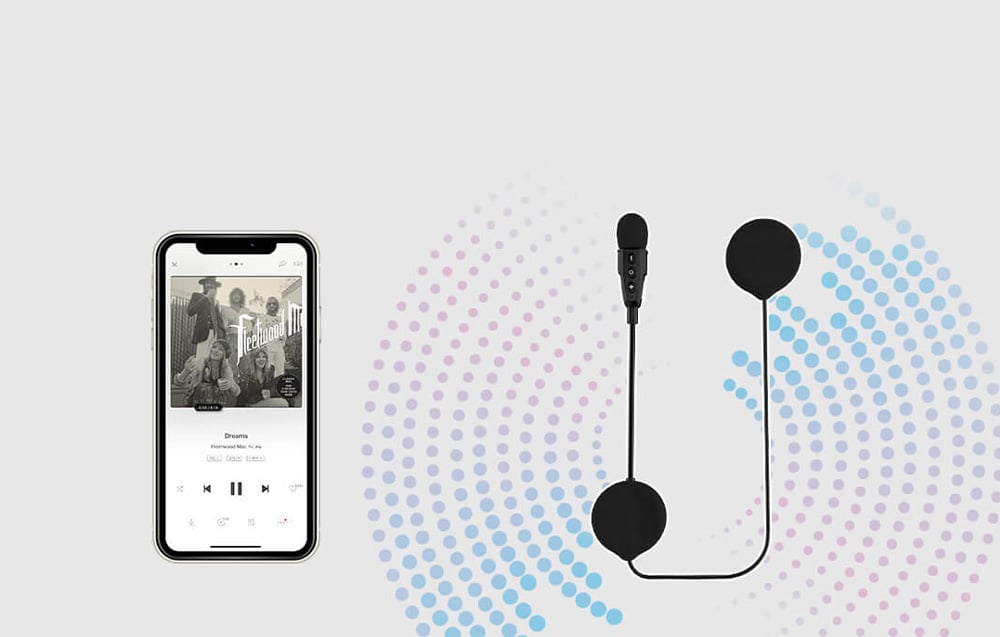 Smartphone με συσκευή αναπαραγωγής μουσικής δίπλα στα ακουστικά Ejeas με πολύχρωμα κύκλα στο φόντο