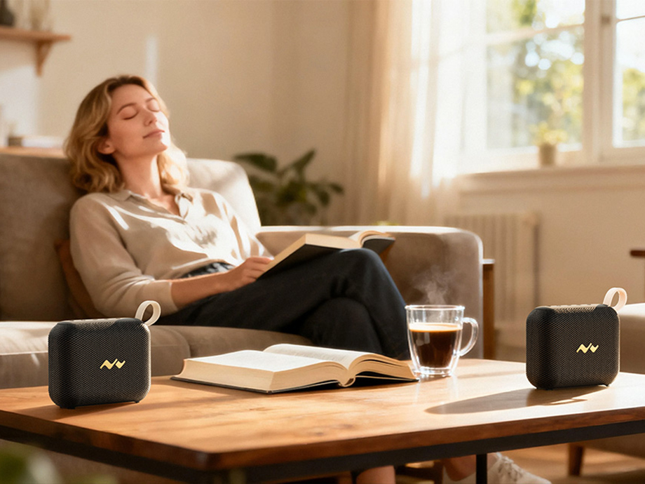 Γυναίκα που χαλαρώνει στο σαλόνι με ηχεία Bluetooth πάνω στο τραπέζι