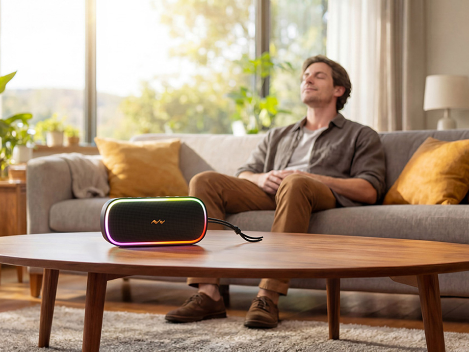 Ηχείο Bluetooth πάνω σε ένα τραπέζι στο σαλόνι με έναν άνδρα να χαλαρώνει στο φόντο