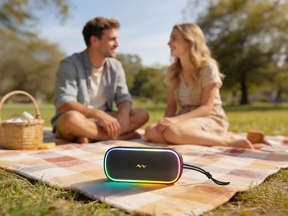 Ηχείο Bluetooth πάνω σε μια κουβέρτα κατά τη διάρκεια ενός πικνίκ στο πάρκο