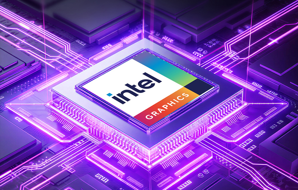 Ένας επεξεργαστής γραφικών Intel τοποθετημένος σε μια μητρική πλακέτα με μοβ οπίσθιο φωτισμό των ηλεκτρονικών διαδρομών