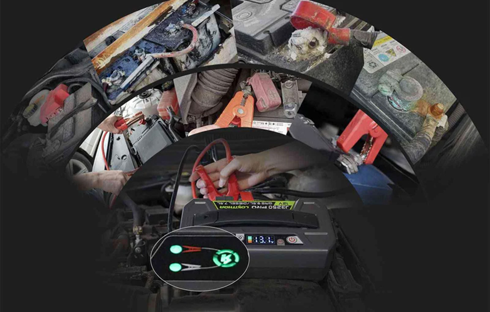 Lokithor J3250 Pro με εικονίδιο ασφαλούς σύνδεσης με φόντο διαβρωμένους σφιγκτήρες μπαταρίας.