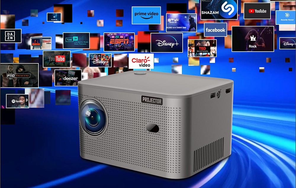 Ένας προβολέας Magcubic με τη λέξη «PROJECTOR» και εικονίδια εφαρμογών, όπως το YouTube, το Disney+ και το Prime Video.