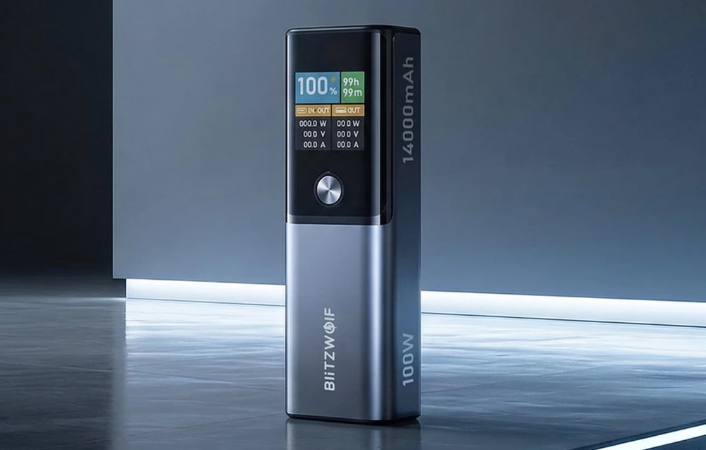 Power bank Blitzwolf με οθόνη σε γκρι δάπεδο