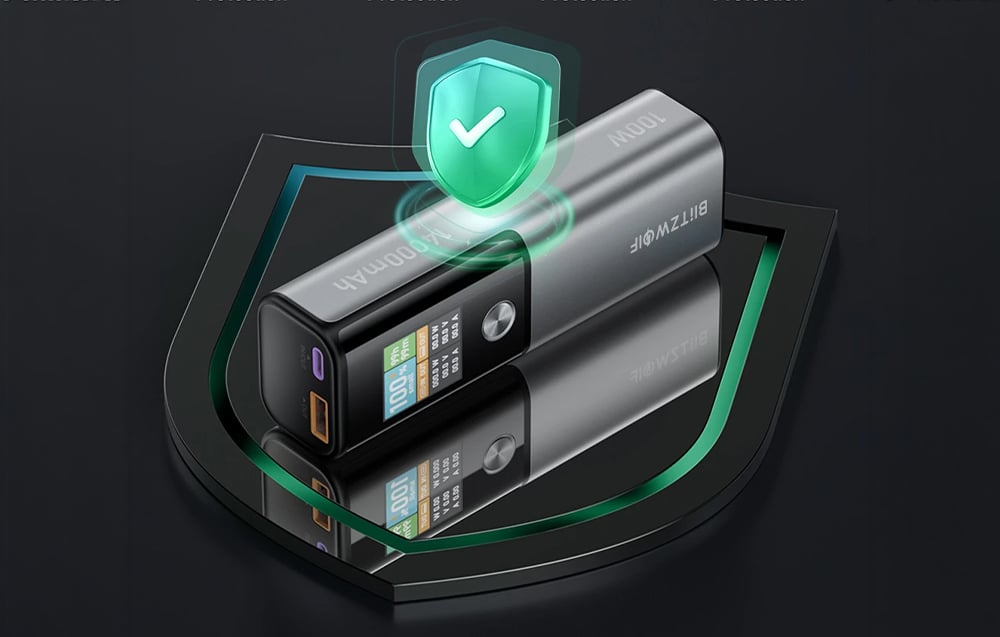 2 power bank Blitzwolf με φόντο πράσινο ασπίδα που συμβολίζει την ασφάλεια