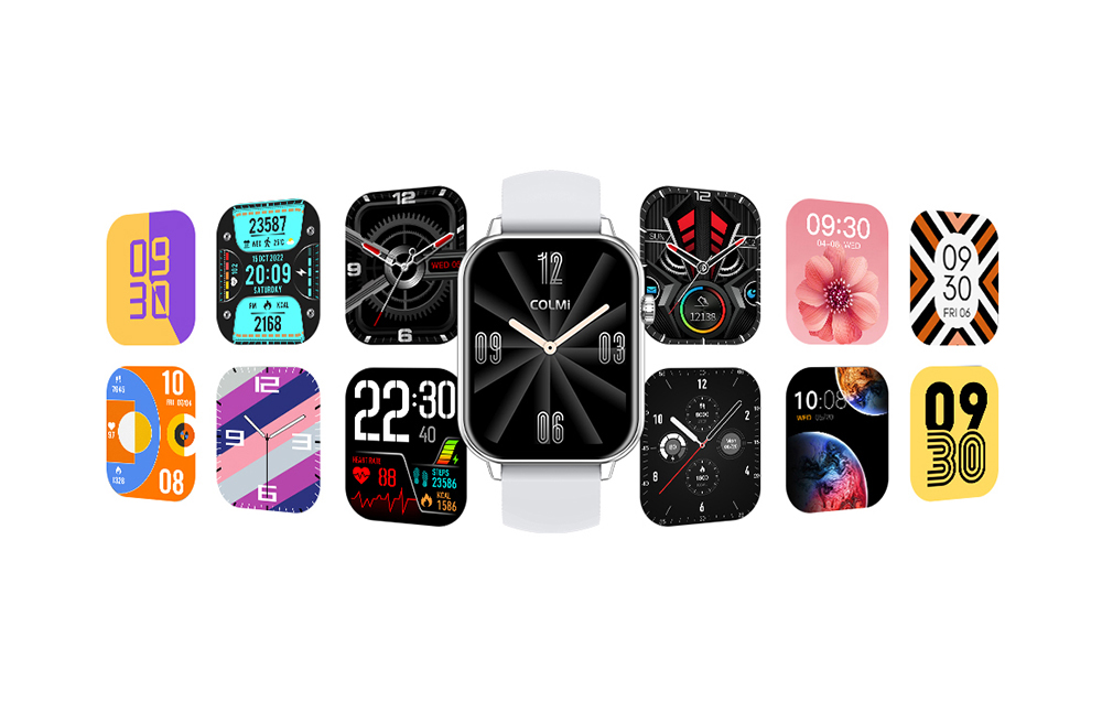 Ένα λευκό smartwatch Colmi με αναλογικό καντράν που περιβάλλεται από ένα μωσαϊκό δώδεκα διαφορετικών μικρότερων ψηφιακών καντράν