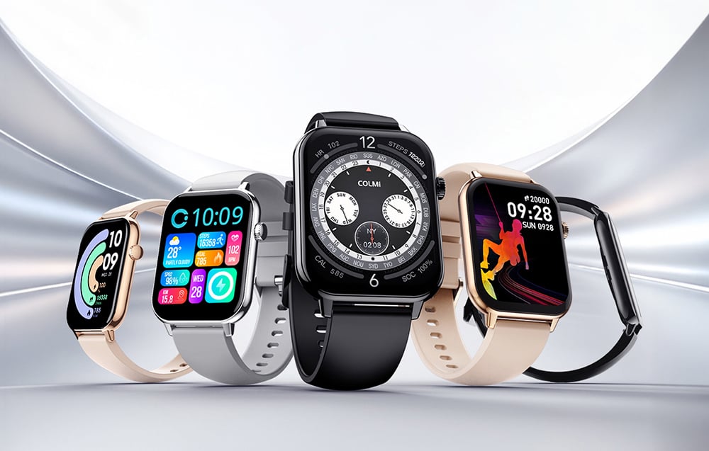 Πέντε smartwatch Colmi σε διάφορα χρώματα (μαύρο, χρυσό, ασημί) που εμφανίζουν διαφορετικές οθόνες ρολογιού