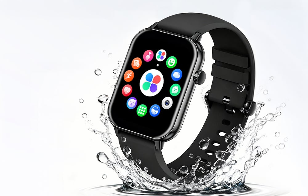 Ένα μαύρο smartwatch Colmi μέσα στο νερό, περιτριγυρισμένο από δυναμικές πιτσιλιές νερού