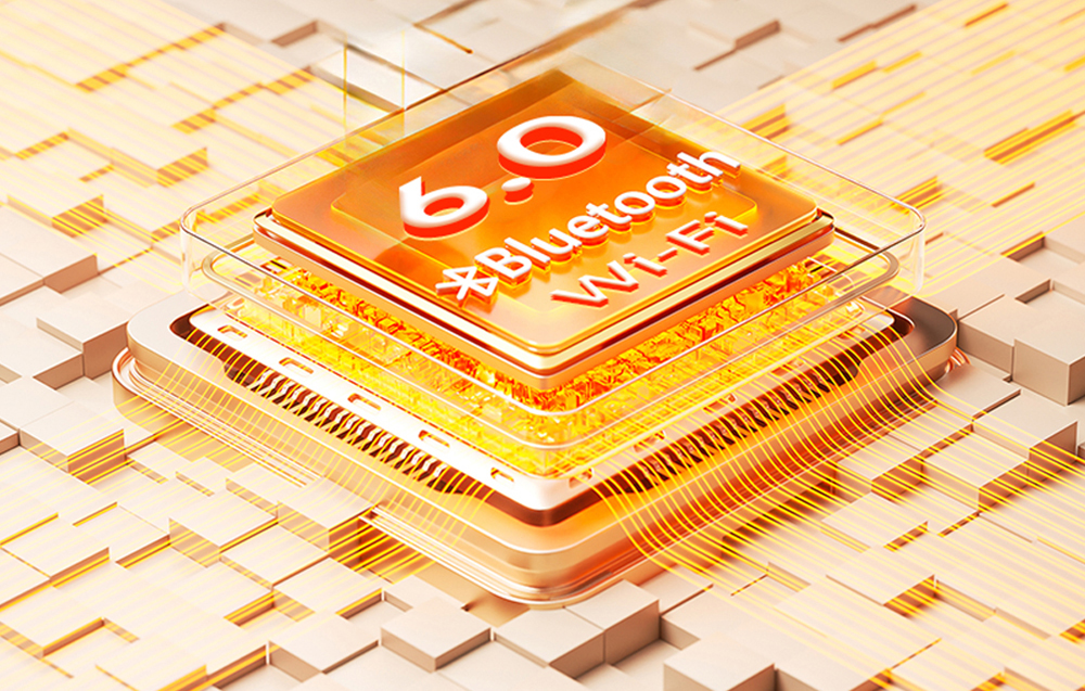 Ένα γραφικό επεξεργαστή με κείμενο «Bluetooth 6.0» και «Wi-Fi» πάνω από λαμπερές διαδρομές σήματος