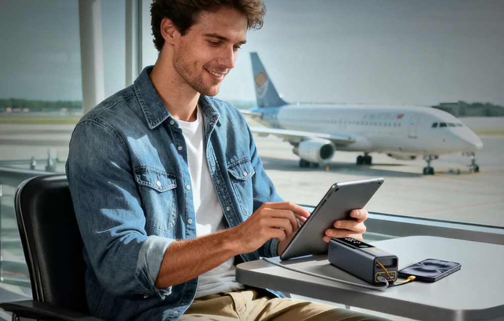 Άνδρας στο αεροδρόμιο που χρησιμοποιεί tablet τροφοδοτούμενο από power bank Fanttik που βρίσκεται πάνω σε τραπέζι κοντά