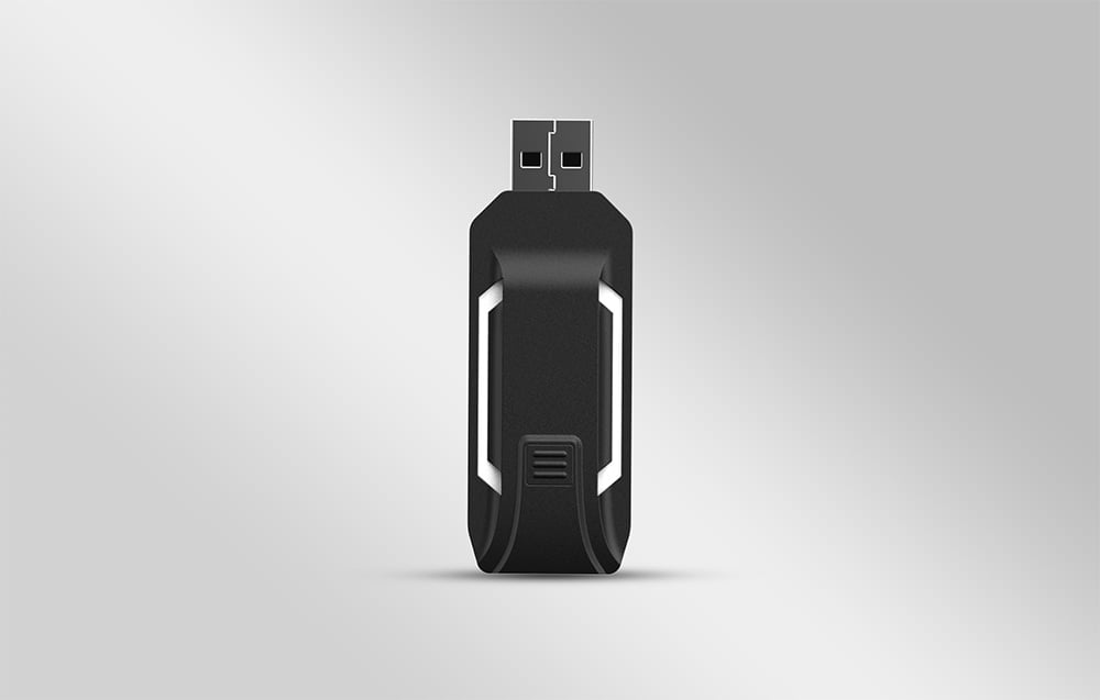 Πίσω όψη ενός μαύρου προσαρμογέα USB σε γκρι φόντο