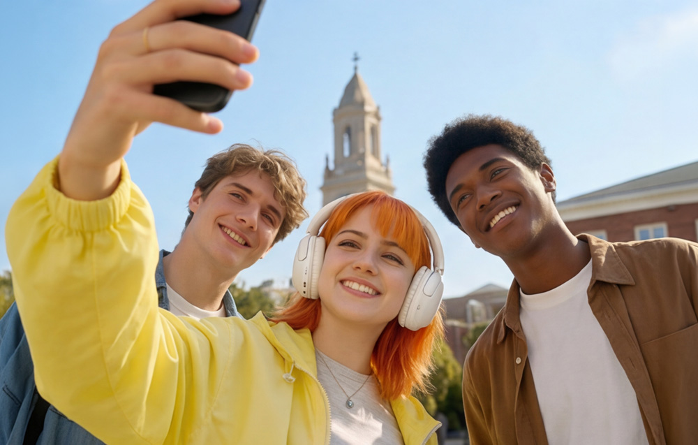Τρεις χαμογελαστοί φοιτητές που τραβούν selfie με ένα smartphone· το κορίτσι φοράει λευκά ακουστικά