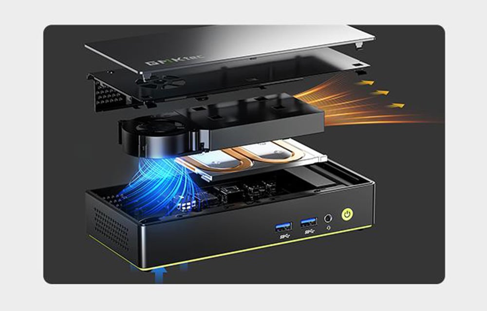 Μια αναλυτική άποψη του μίνι υπολογιστή GMKtec K13 που δείχνει το σύστημα ψύξης με ανεμιστήρα και ροή αέρα.