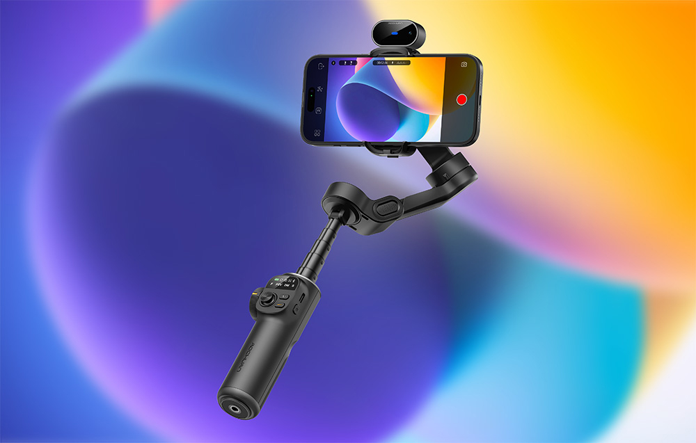 Gimbal με smartphone και μονάδα AI στην κορυφή, με φόντο μια κλίση σε αποχρώσεις του πορτοκαλί και του μπλε.