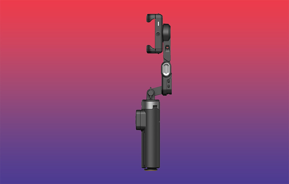 Gimbal στην αναδιπλωμένη, συμπαγή μορφή του, όπως φαίνεται από το πλάι πάνω σε φόντο με κόκκινο-ιώδες ντεγκραντέ.