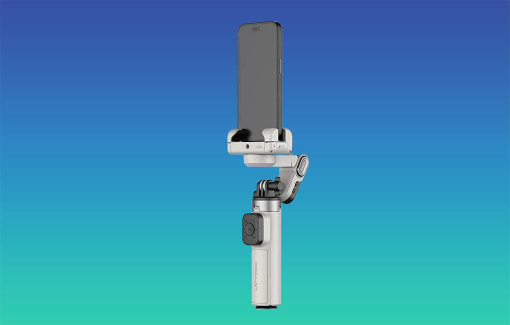 Λευκό gimbal με smartphone σε κάθετη θέση χωρίς τρίποδο πάνω σε μπλε-τυρκουάζ φόντο.