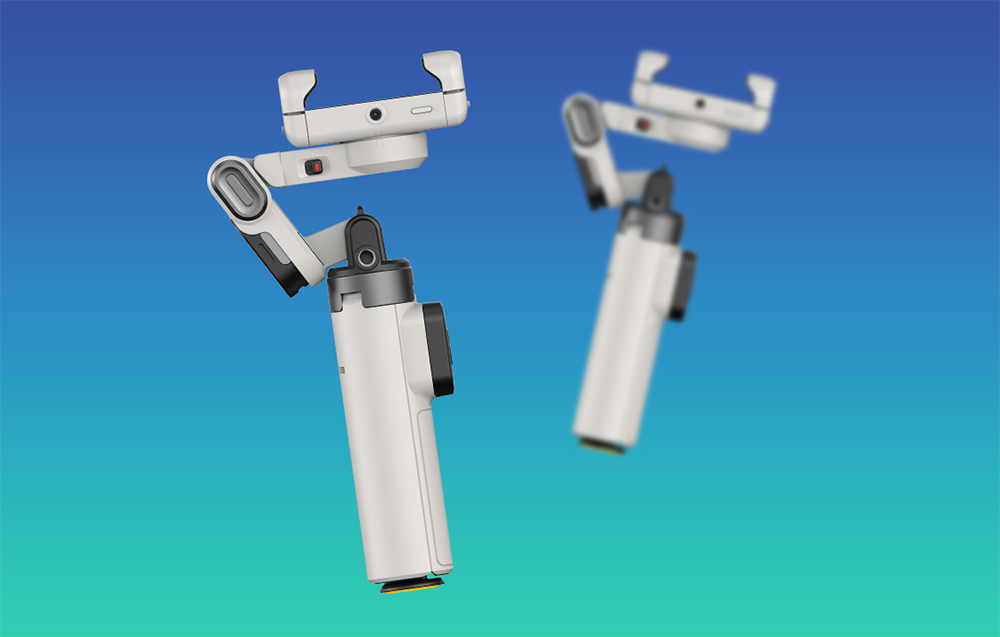 Δύο λήψεις ενός λευκού gimbal χωρίς smartphone που δείχνουν τον μηχανισμό λαβής πάνω σε μπλε-τυρκουάζ φόντο.