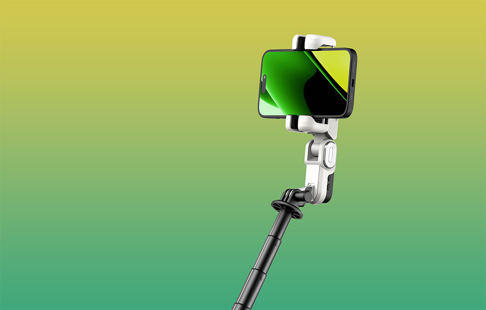 Κοντινό πλάνο της βάσης του gimbal με ένα smartphone τοποθετημένο οριζόντια σε πράσινο και κίτρινο φόντο.