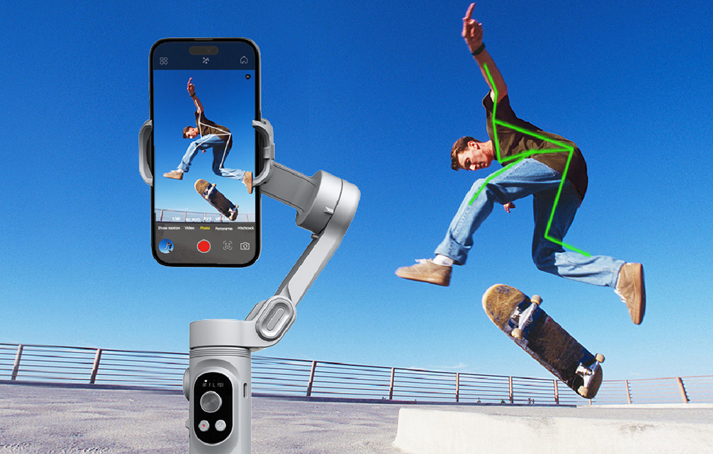 Ένα gimbal με smartphone που καταγράφει έναν σκέιτμπορντερ να εκτελεί ένα κόλπο, με το σκελετό της σιλουέτας να επισημαίνεται στην εφαρμογή.