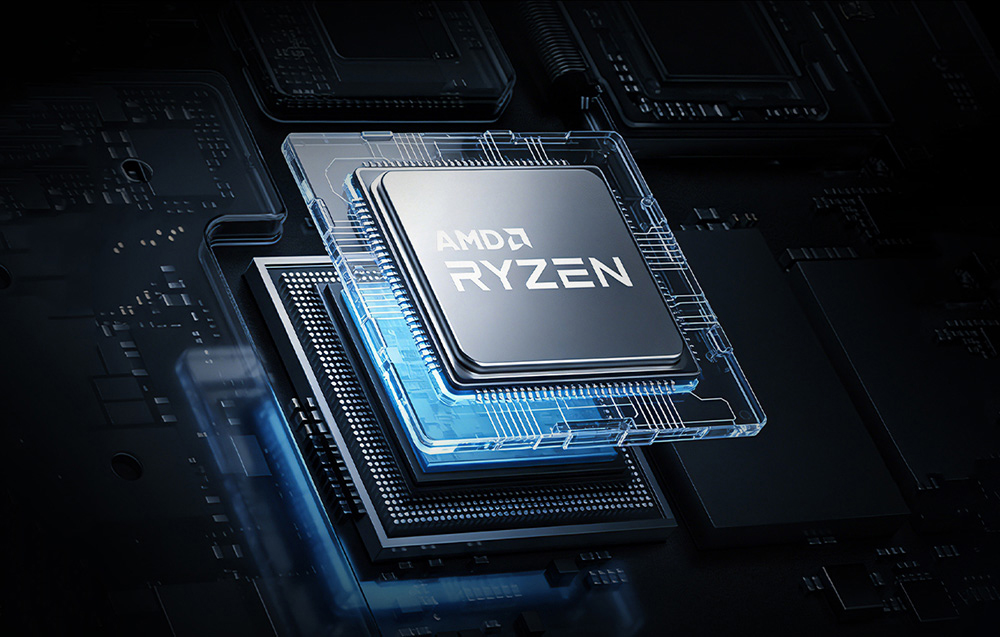 Κοντινό πλάνο του επεξεργαστή AMD Ryzen τοποθετημένου στη μητρική πλακέτα μέσα στο περίβλημα του υπολογιστή.
