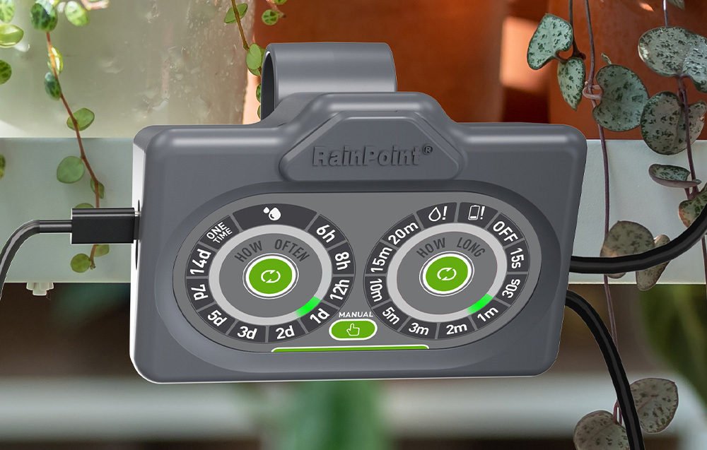 Κοντινό πλάνο του πίνακα ελέγχου RainPoint® με δύο κουμπιά αφής με πράσινο φωτισμό