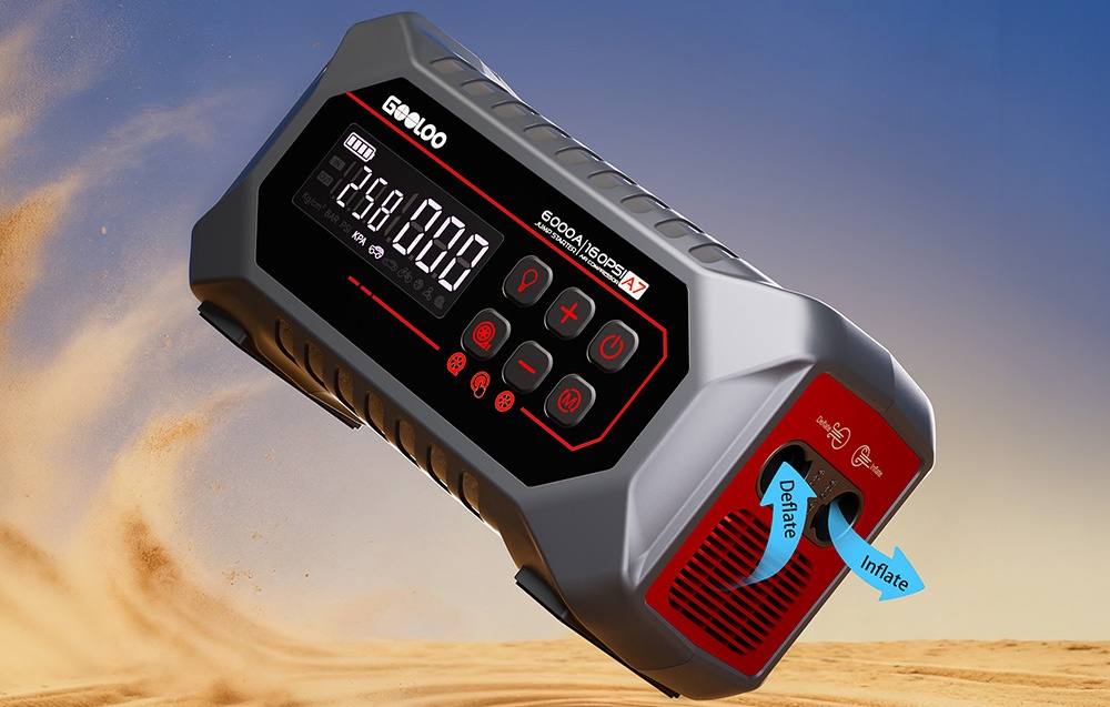 Φορητό Jump Starter με οθόνη σε φόντο ερήμου με ετικέτες «φούσκωμα» και «ξεφούσκωμα»