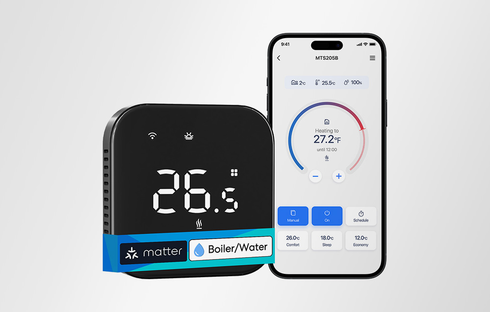 Έξυπνος θερμοστάτης MEROSS και smartphone με την εφαρμογή ελέγχου θερμοκρασίας ανοιχτή σε ανοιχτόχρωμο φόντο