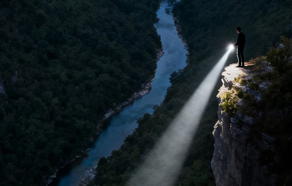 Ένα άτομο στέκεται πάνω σε έναν βράχο και φωτίζει με έναν φακό προς τα κάτω σε ένα φαράγγι