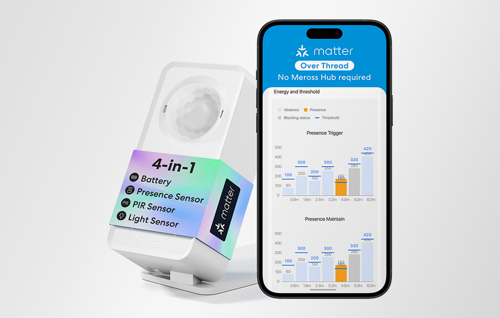 Έξυπνος αισθητήρας παρουσίας δίπλα σε ένα smartphone με την εφαρμογή σε λειτουργία