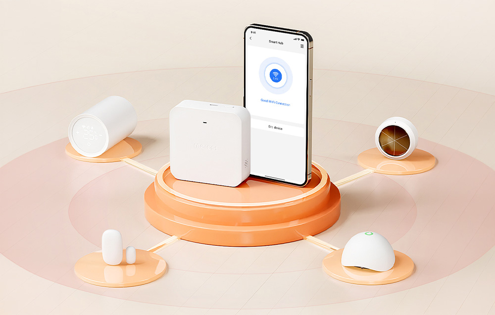Έξυπνη πύλη Wi-Fi MEROSS δίπλα σε smartphone και άλλες συμβατές συσκευές