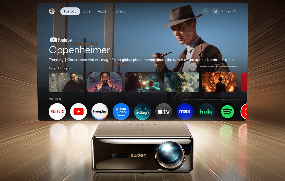 Η διεπαφή Google TV που εμφανίζεται από τον προβολέα Aurzen, με πλακίδια δημοφιλών ταινιών και εφαρμογών.