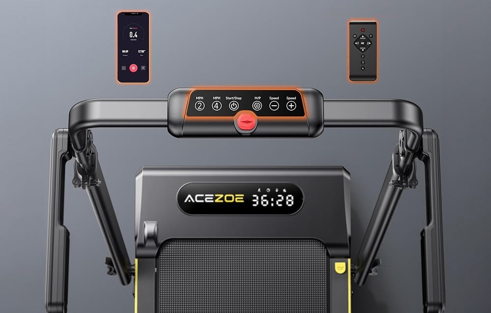 Ένας διάδρομος ACEZOE, με ένα smartphone και ένα τηλεχειριστήριο ορατά πάνω από αυτόν